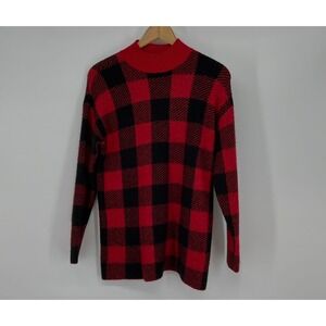LOFT Red Black Plaid Wool Blend Sweater Size Petite M Preppy Holiday Christmas